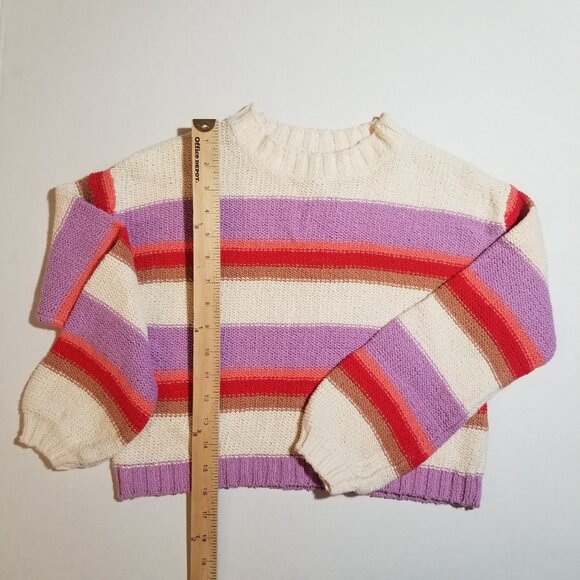 Billabong Striped Knit Sweater Cropped Lavender Orange Crew Neck Top Medium - Picture 6 of 7